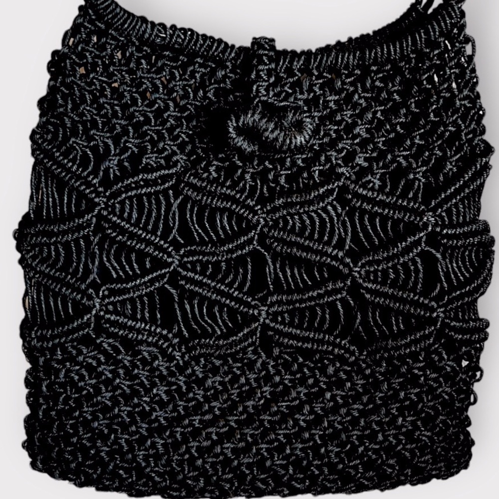 Vintage 1960's Black Thick Large Macrame Shoulder Bag Purse - Picture 3 of 5